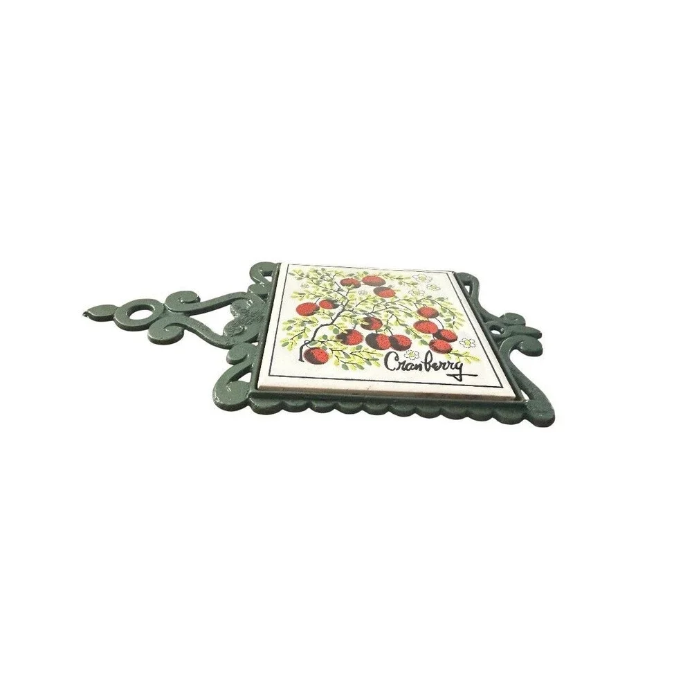 Vintage Cast Iron Ceramic Tile Cranberry Trivet Taiwan Retro Green